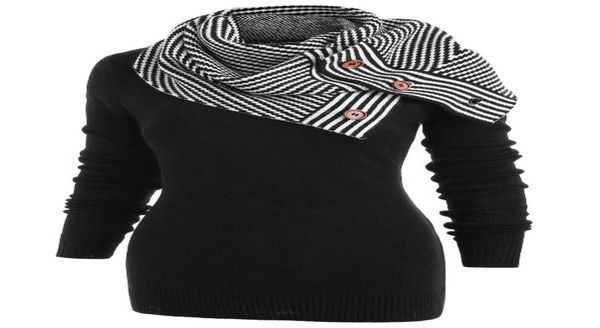 

wipalo plus size pullover sweater women buttons crew neck long sleeve sweater with striped scarf winter knitting ladies 3942319, White;black