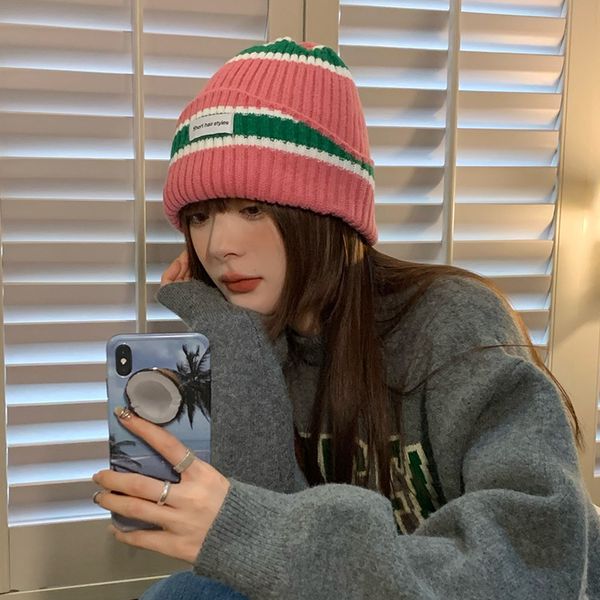 

beanieskull caps ins fashion color matching striped knitted hats for women autumn and winter show small face and keep warm ear protection be, Blue;gray