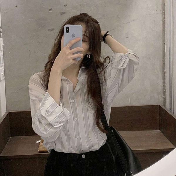 

summer style womens blouses languid blue and white striped sunblock shirt long sleeved temperament body casual top