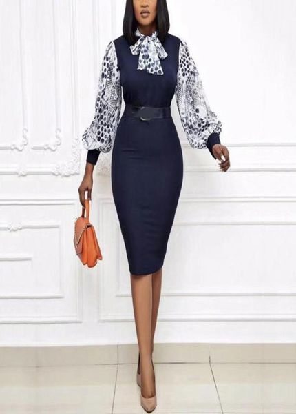 

casual dresses african fashion women office style dot patchwork bow high waist bodycon mid calf elegant business work wear vestido1650829, Black;gray