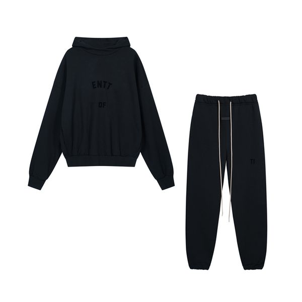 

mens cozy fleece lining hoodie hooded flocked logo sweatshirt with patchwork knitted rib sides & pants trousers tracksuit sets warm oversize, Black;brown