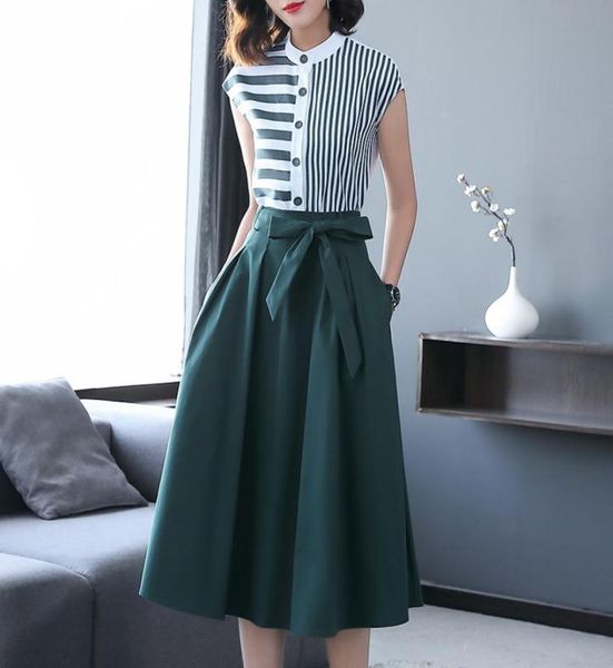 

summer women office two piece set casual striped shirts blouses and bow midi skirt female business formal skirt suit sets1367526, White
