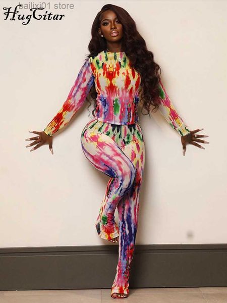 

women's jumpsuits rompers mesh print long sleeve slim crop flare pants 2 piece matching sets 2023 spring y2k streetwear party casual t2, Black;white