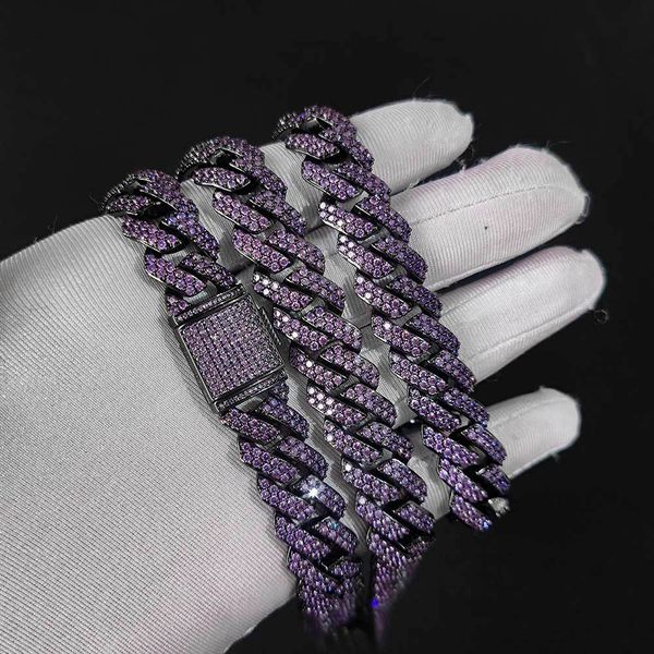 

ewelry 15mm sterling silver hip hop iced out black purple moissanite cuban chain