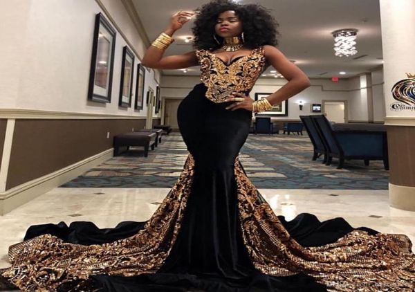 

2020 fashion gold sequined mermaid prom dresses v neck south african black girls evening gowns plus size special occasion dress ab7305460