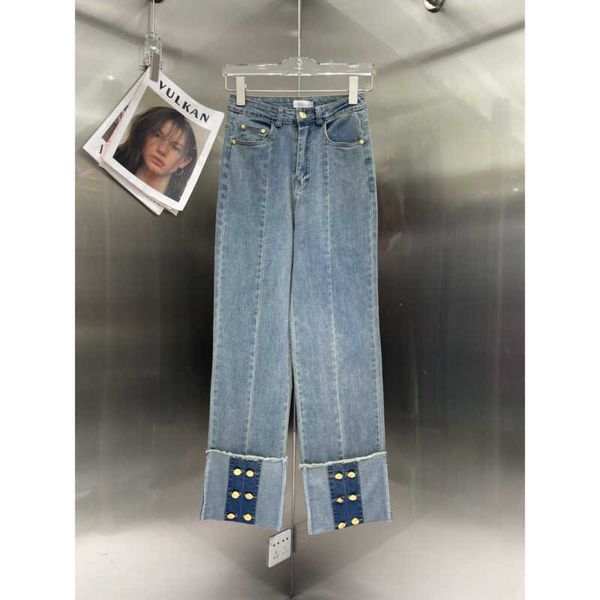 

women casual jeans ce designer pants embroidery button trousers fashion leggings high waist slim fit wide leg jeans, Blue