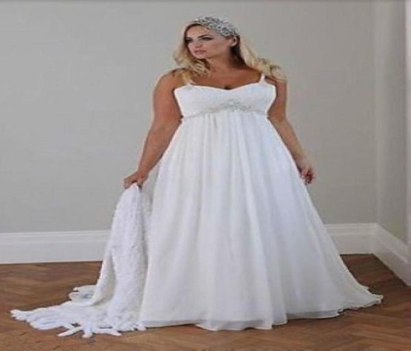 

white chiffon plus size wedding dresses spaghetti straps beaded casual beach simple long empire bridal gowns custom93658022312003