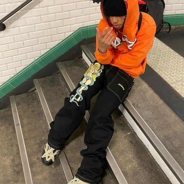 

men's jeans hip hop men clothing y2k women's cargo punk wide leg pants fashion pants anime print denim pants street apparel baggy, Blue