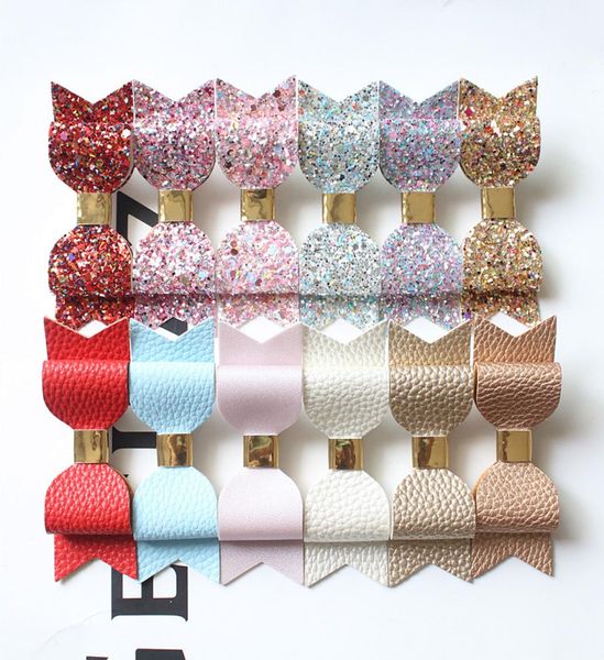 

24pcs double hair bow prince kids girl hairpins faux glitter felt litchi stria baby pu leather hair grip stripe gold clip barrette6089823, Slivery;white