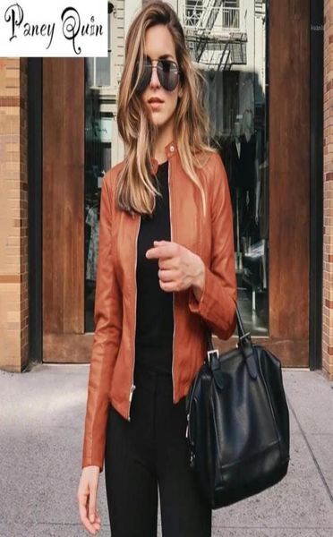 

women faux leather pu jacket coat female long sleeve black brown motor jacket coat zip biker short basic feminino17036072