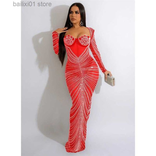 

basic casual dresses diamonds sheer mesh maxi party dress women strapless backless long sleeve bodycon long clubwear robe female birthday gi, Black;gray