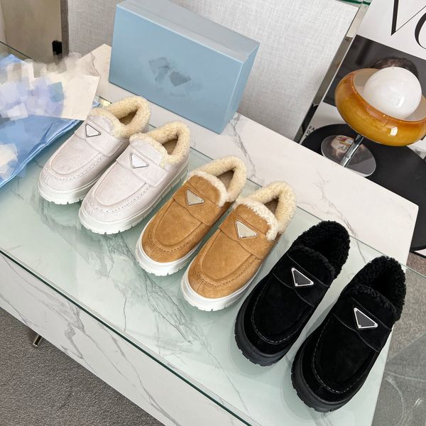 

women's triangle platform espadrille fur loafers slippers ankle boots designer winter shoes 35-40 black beige suede shearling wool line