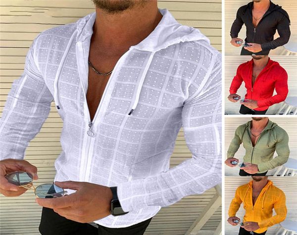 

fashion casual slim long sleeve hoodie zipper t shirt mens summer solid color plaid print open stitch thin tshirt hooded tee 1938160, White;black
