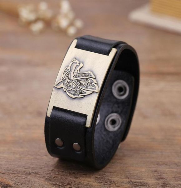 

factory direct wolf head charm vintage jewelry geniune leather viking designer bracelet metal engraved mens bracelet1626272, Black