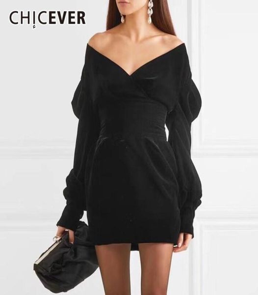 

chicever off shoulder dress for women v neck puff sleeve high waist slim black mini dresses fashion elegant clothes tide4696435, Black;gray