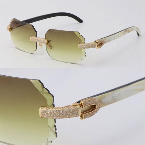 

2022 new micro-paved sunglasses rimless diamond set sun glasses black mix white genuine natural buffalo horn frame men women with 3026, White;black