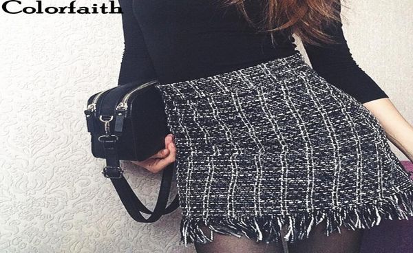

colorfaith 2019 women woolen mini skirt autumn winter vintage straight plaid tassel skater skirt high waist femininas sk5583 y20079523422, Black