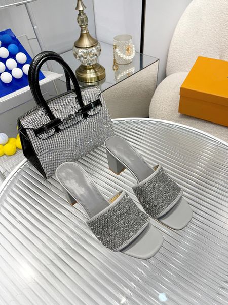 

rhinestone sandals designer slides women slippers luxury summer slide ladies beach chunky heels classic sandal low heel slipper shoes 0709, Black