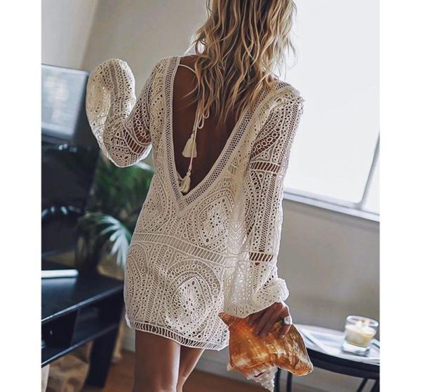 

casual dresses jastie backless white embroidered lace dress for women boho beach short deep vneckline mini female vestidos3227564, Black;gray