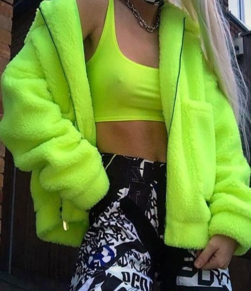 

neon green oversized teddy coat woman streetwear zip pocket lamb fleece fluffy faux fur jacket winter 2019 854682266, Black