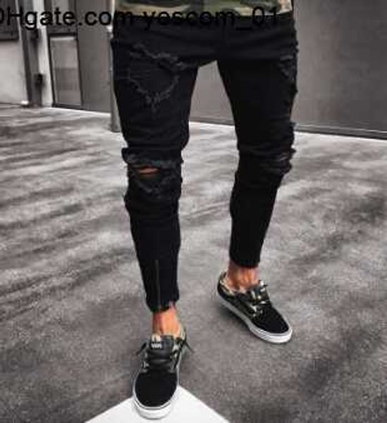 

black pants for men hip hop rock holes ripped jeans biker slim fit zipper jean distressed pants, Blue