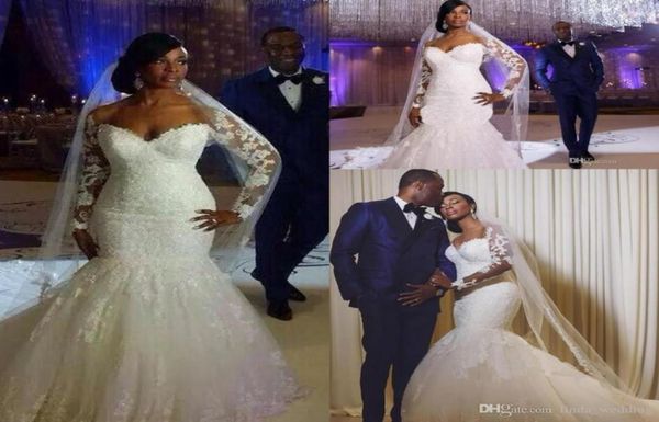

2019 long sleeves full lace mermaid wedding dress garden appliqued arabic formal church bridal gown plus size custom made1706785, White