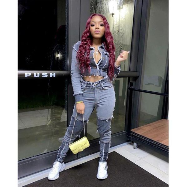 

2020 new women jeans high waist ripped destroyed pants demin patchwork bodycon tassels bodycon slim pencil jeans club4822985, Blue