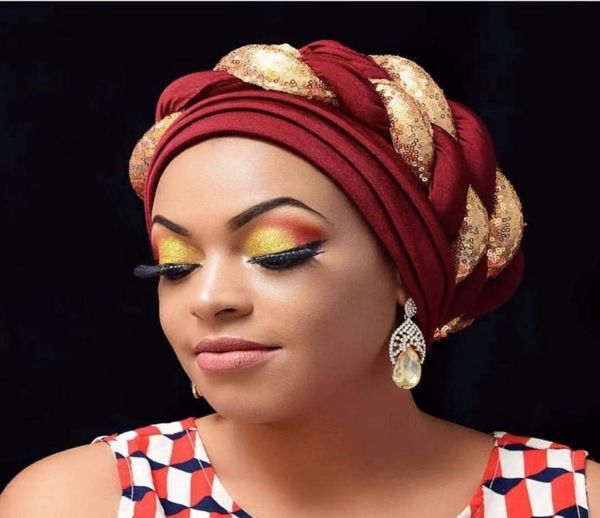

ethnic clothing african auto gele headtie fashion sequins braids women039s turban cap muslim headscarf bonnet ready to wear hij7832507, Red