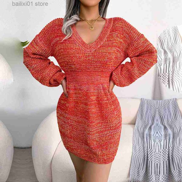 

women's sweaters ficusrong autumn winter v neck lantern sleeve nipped high waist sweater dress for ladies solid color chic knitted dres, White;black