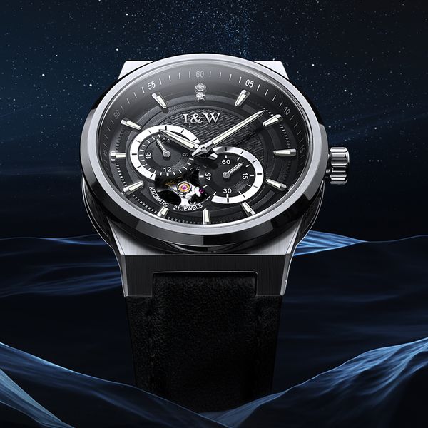 

men's mechanical watch with genuine leather strap, waterproof design for men, Slivery;black