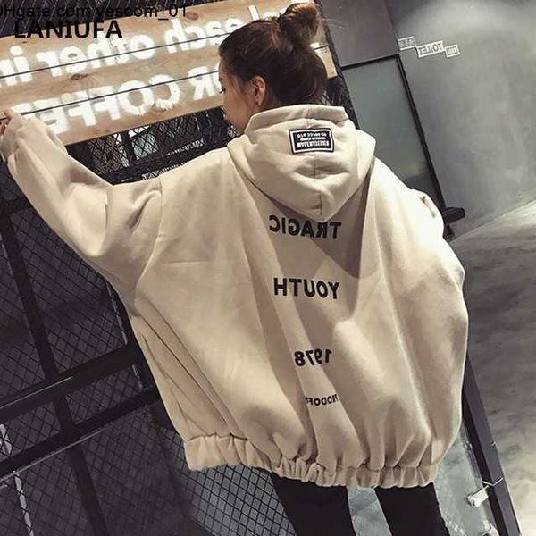 

letter print women hoodie fashion thick sweatshirts long sleeve loose streetwear female hooded jumper pullover casual, Black