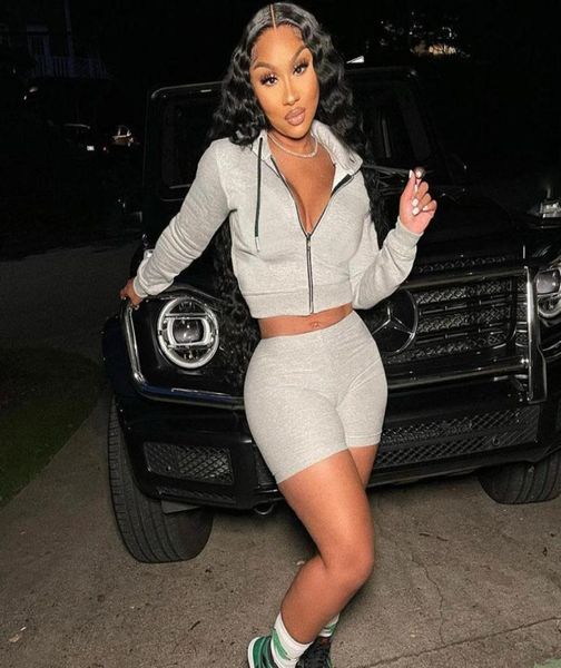 

women039s tracksuits sporty casual tracksuit women two piece set matching sets long sleeve zipper hoodies crop and biker sh8773031, Gray