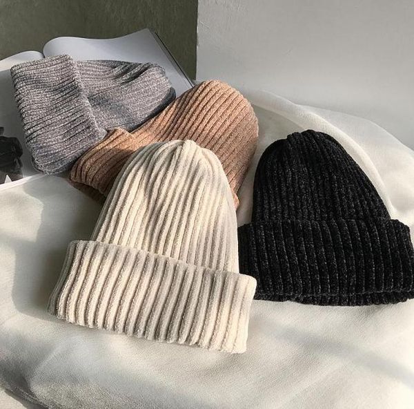 

beanies 2021 winter beanie pure color casual wild doublelayer thickened warm hood for girl chenille knitted hat female woolen5826752