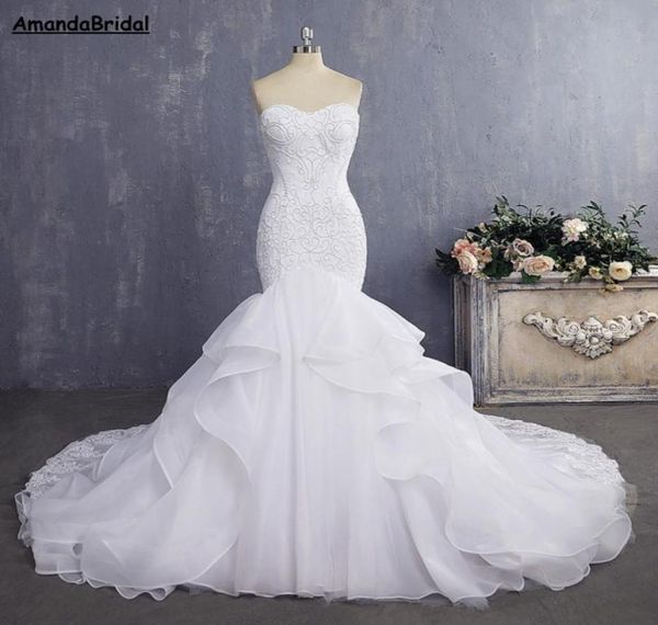 

amandabridal bride dress mermaid wedding dresses vintage lace bridal gown 2022 with detachable straps pleat layer7384604, White