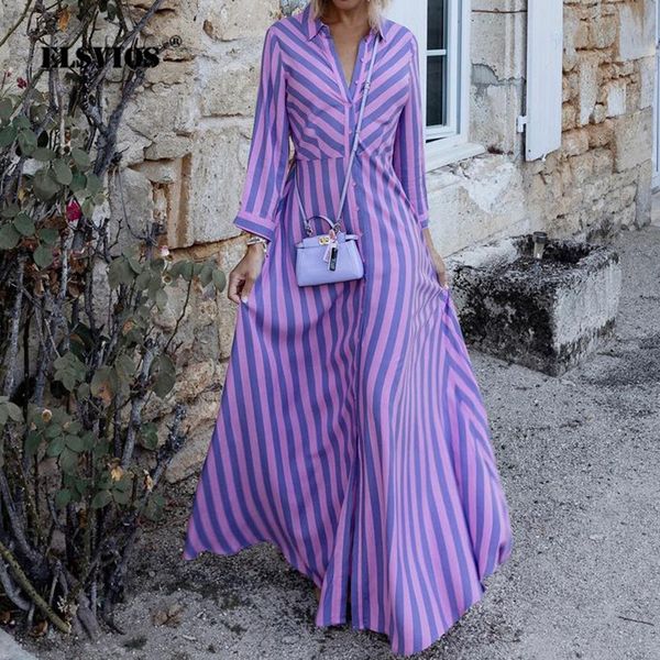 

basic casual dresses womens stripe printed maxi dress spring autumn fashion turndown collar long sleeves buttons cardigans shirt 230817, Black;gray