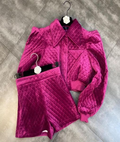 

2021 fashion design women039s turn down collar puff long sleeve velvet fabric short coat and pants suit twinset sml5295568, White