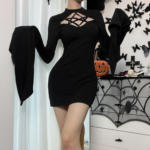 

casual dresses gothic dress v-neck knee-above wrapped autumn women's 2023 halloween hollow slim fitting flare sleeve, Black;gray