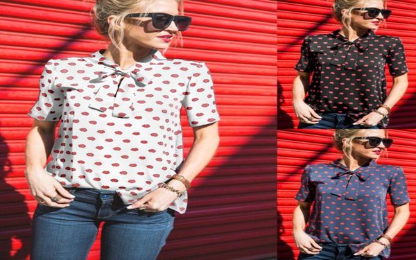 

women chiffon blouse shirts casual red lip print tie bow summer stand collar european short sleeve plus size s 3xl fashion 3741202, White