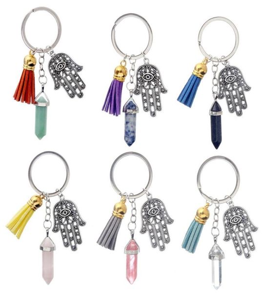 

hamsa hand fatima keychain ring tassel hexagonal prism chakra natural stone evil eye crystal pendant charms keyring jewelry gifts7225322, Slivery;golden