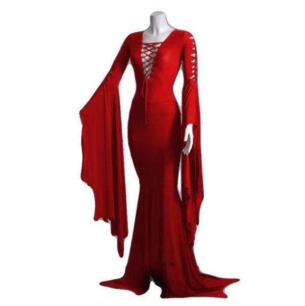 

2023 halloween womens designer dress costumes retro strap wrap hip gothic women's european and american flare sleeve lace up v-neck hbp, Black;red