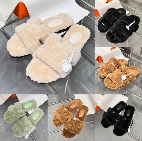 

designer chypre slipper oran h sandals fur slides women furry wool leather fashion slippers size35-42, Black