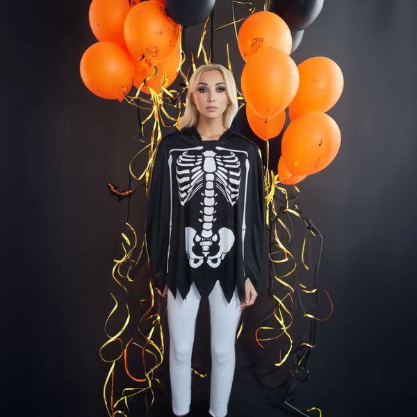 

halloween costume for women white skull role-playing halloween party costume spider cape hooded style, Black;red