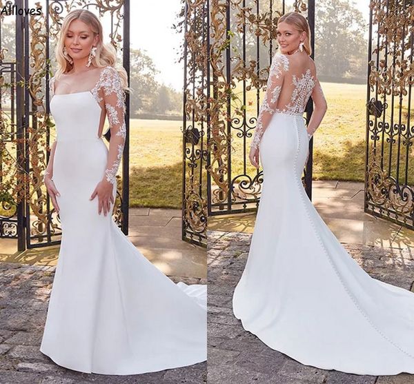 

modern white satin boho mermaid wedding dresses square neck illusion long sleeves lace applique elegant bridal gowns buttons back bride rece