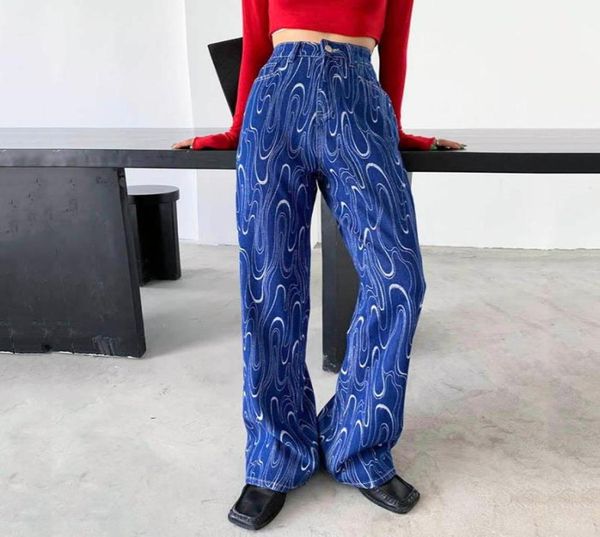

women039s jeans women harajuku streetwear geometric pattern printing loose high waist denim straight wide leg pants cowboy trou7693843784, Blue