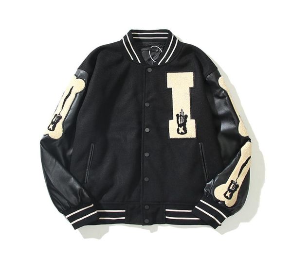 

leather sleeve patchwork embroidery men women woolen baseball jacket stand oversize casual coats70919745715485, Black;brown