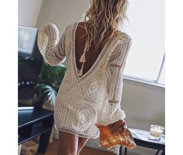 

casual dresses jastie backless white embroidered lace dress for women boho beach short deep vneckline mini female vestidos1750328, Black;gray