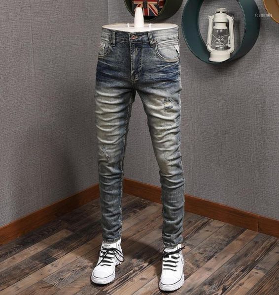

men039s jeans italian style fashion men retro blue elatsic slim fit ripped denim pants streetwear vintage designer trousers5672157