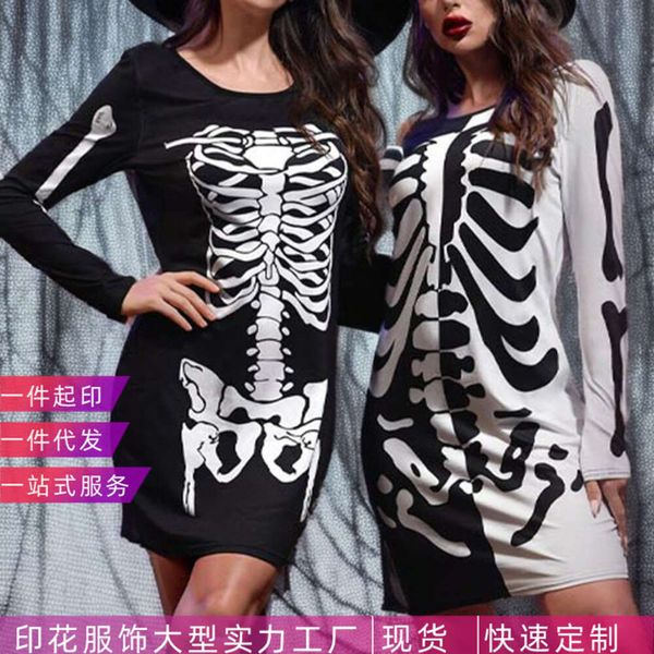 

halloween costumes for women new halloween skull print women's carnival cosplay party performance dress, Black;red