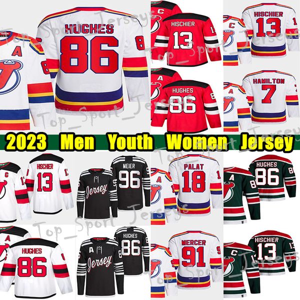 

#86 jack hughes reverse retro hockey jersey #63 jesper bratt nico hischier dougie hamilton nico daws martin brodeur dawson mercer timo meier, Black;red