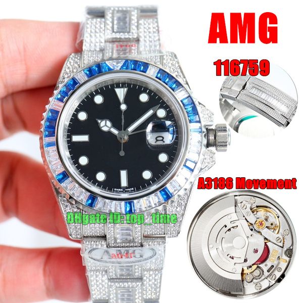 

amg factory watches 116759 full diamond 40mm 904l steel gmt a3186 automatic mens watch black dial gypsophila pave diamonds bracelet gents wr, Slivery;brown